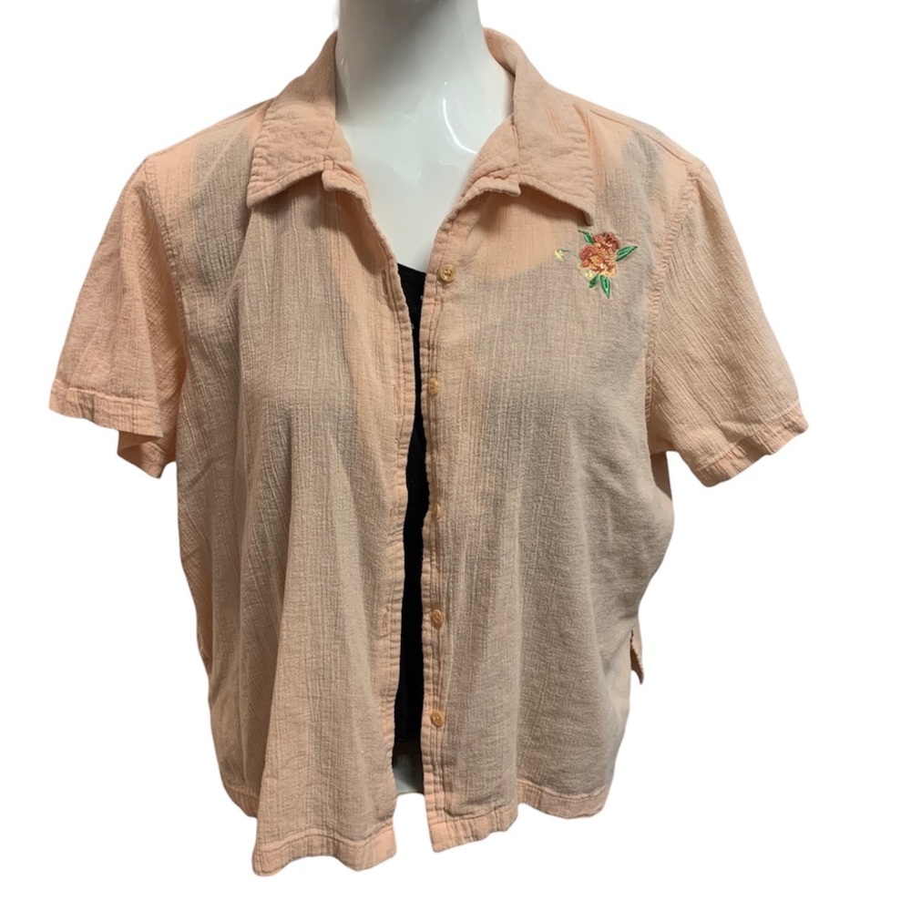 Vintage pink short sleeve crinkle sheer button up embroidered flower 100% cotton